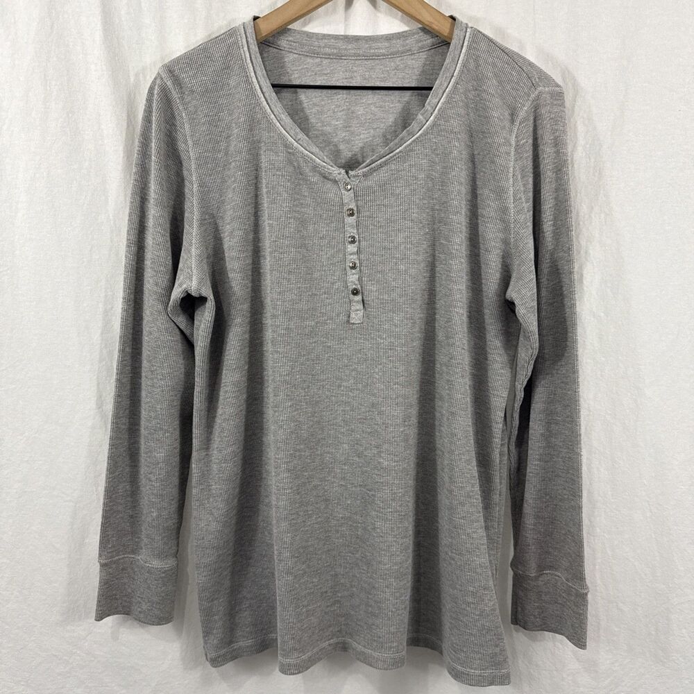 Eddie Bauer Womens Sz XXL Waffle Knit Long Sleeve Gray Henley Shirt Outdoor